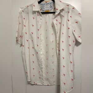 Denim & Flower White Shirt with Flamingo Pattern
